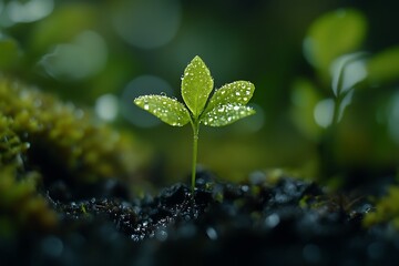 Little green sprout in dark soil, growth and new life concept, nature and green environment