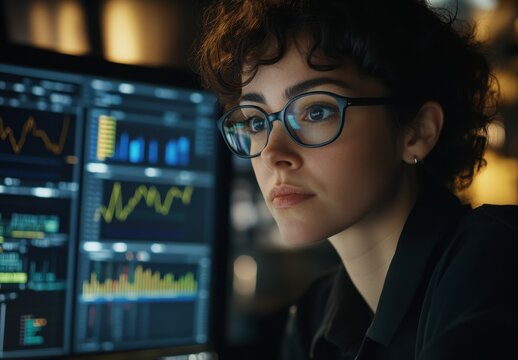 Focused young woman analyzing data graphs on computer screen in a modern office environment, showcasing the importance of technology and analytics in business.