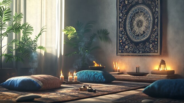 A peaceful home meditation area with soft cushions, incense sticks, and a calming wall tapestry