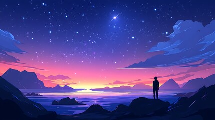 Fototapeta premium Seaside night illustration starry violet and blue dark sky, far view landscape wallpaper, silhouette of a man standing by the beach