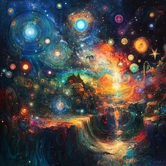 Enchanting Cosmic Dreamscape   Vibrant Celestial Landscape with Glowing Nebulae and Stars