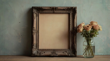 Vintage Frame Mockup: A rustic wooden frame with a distressed finish rests on a weathered table, adorned with a delicate bouquet of blush-colored roses in a glass vase.