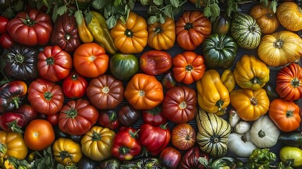 A vibrant display of heirloom tomatoes, peppers, and squashes at a market stand.