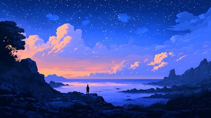 Seaside night illustration starry violet and blue dark sky, far view landscape wallpaper, silhouette of a man standing by the beach