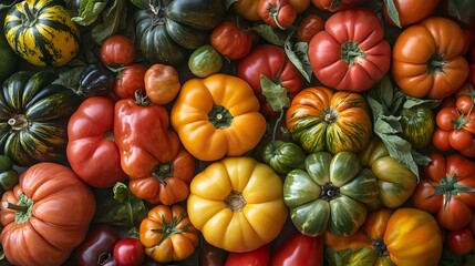 A vibrant display of heirloom tomatoes, peppers, and squashes at a market stand.