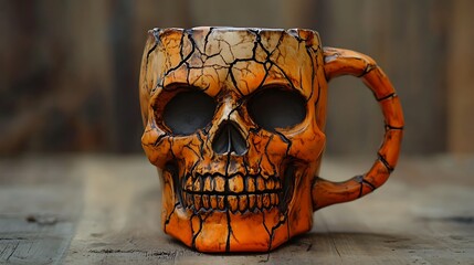 A skull mug with a cracked surface and a deep orange coffee inside