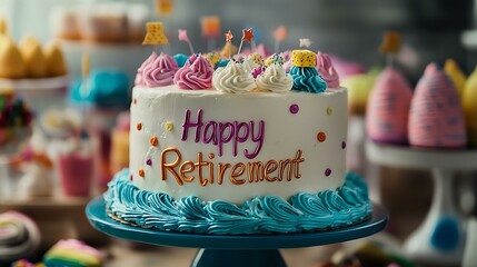 A close-up of a cake with "Happy Retirement" written in icing, surrounded by colorful decorations on a dessert table
