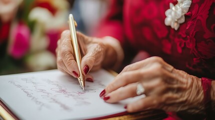 A close-up of a guest signing a heartfelt note on a retirement party guestbook