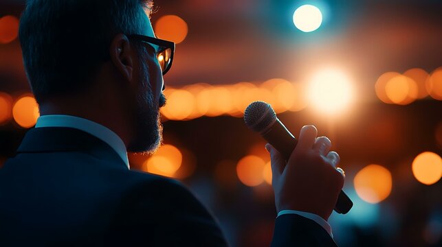 A retiree holding a microphone and sharing a heartfelt speech at a farewell event in their honor