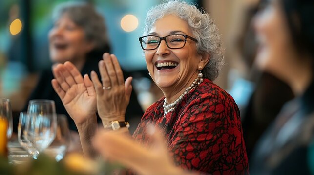 A retiree laughing and clapping during a slideshow presentation of their career milestones at a retirement dinner