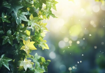 Obraz premium Fresh Green Ivy Leaves with Natural Bokeh Background and Soft Light Creating a Serene and Calming Atmosphere for Nature Inspired Designs and Illustrations