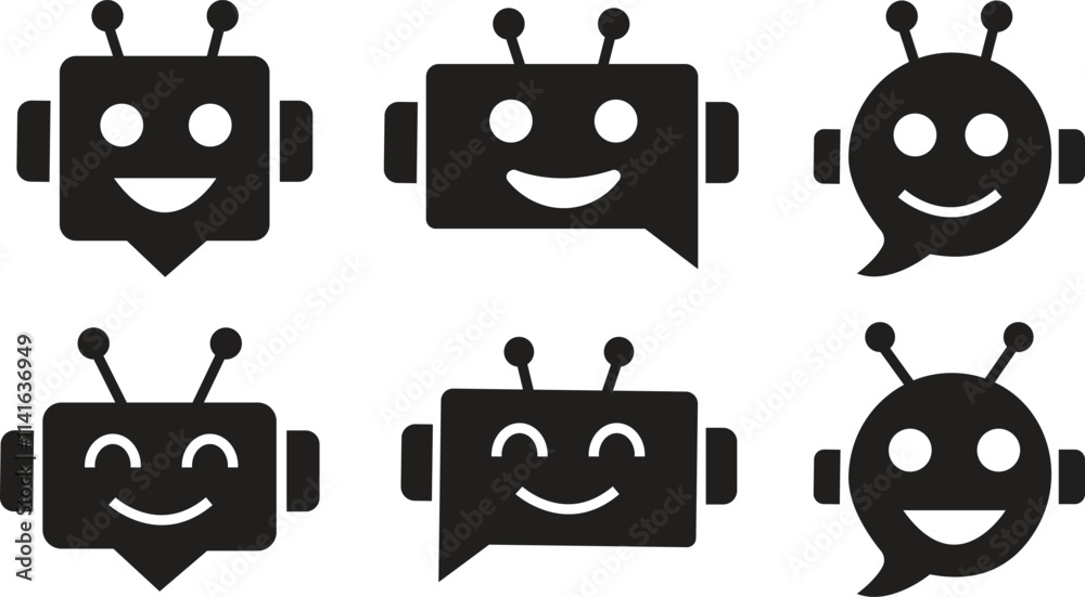 Poster chatbot flat icons set. robot assistant signs. assistant ai message service. robot head in speech bu