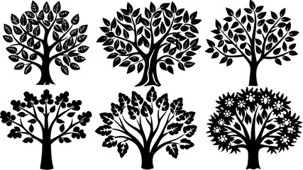 6 sets of Simple abstract trees with leaves and black silhouette illustrations isolated on a white background