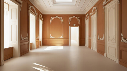 Contemporary brown bright empty interior with wall panel and moldings