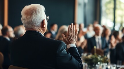 A retiree receiving a standing ovation during a farewell speech at a formal company event