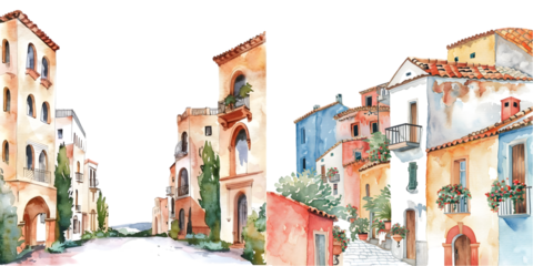 Mediterranean architecture border in watercolor. Generative AI.