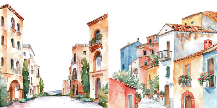 Fototapeta Mediterranean architecture border in watercolor. Generative AI.
