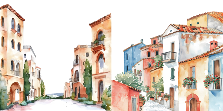 Mediterranean architecture border in watercolor. Generative AI.