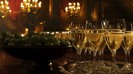 A table filled with glasses of champagne, ready for a toast at an elegant retirement banquet