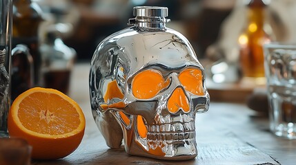 A skull shaped flask with a gleaming silver surface and orange drink inside