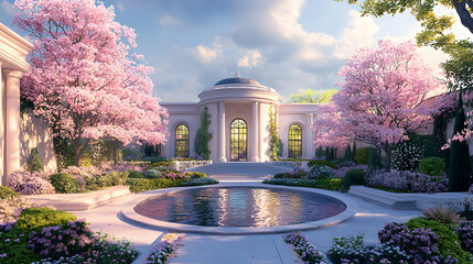 Obraz premium Luxurious Spring Mansion Garden with Pond