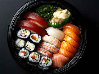 Sushi Platter Feast: A delectable assortment of sushi and maki rolls, artfully arranged in a black takeout container