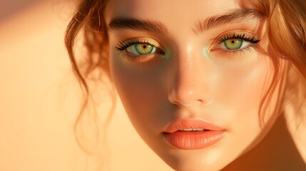 Fototapeta premium A minimalist close-up shot of a young woman with green eyes, highlighted by vibrant makeup