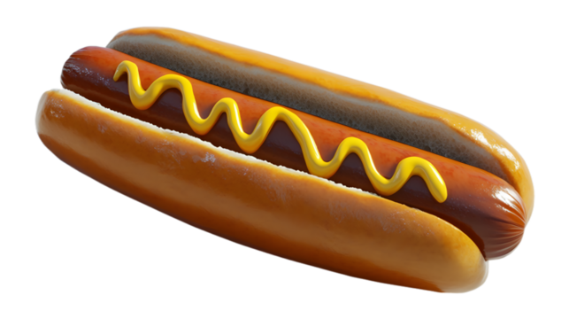 A hot dog with mustard, in a cartoon style, with a minimalistic design, matte texture, isolated on a transparent background.