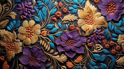 Intricate 3D Floral Art Gold, Purple, Teal Flowers, Leaves, Design