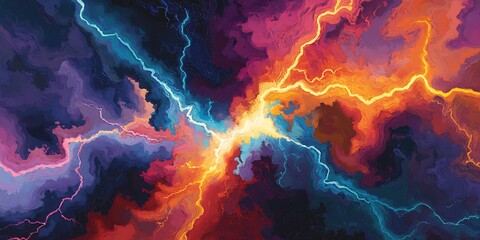 Burst of colorful thunderstrike abstract background, thunder and lightning, combination of red, blue, orange and yellow on black background