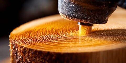 A close up of a drill press cutting a piece of wood