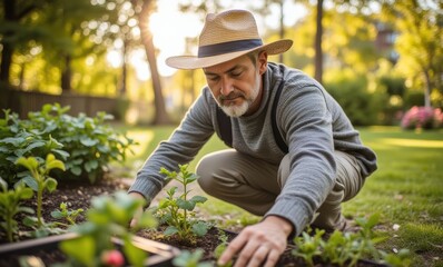 Middle-aged man gardening in sunlight