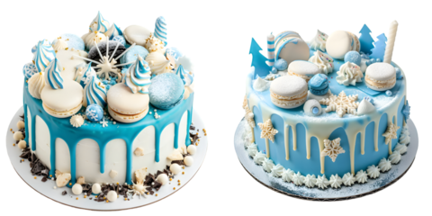 Modern Frozen theme cake decorated with blue caramel, white chocolate, fondant snowflakes, macaroons and meringue. Birthday cake. Generative AI.