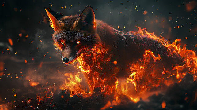 a fox covered in beautiful and charming red flames