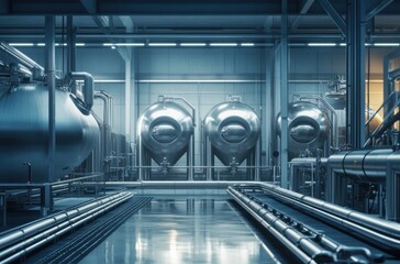 Industrial Interior of a Modern Brewery with Stainless Steel Tanks and Pipelines, Illuminated by Blue Lighting for a High-Tech Appearance and Clean Environment