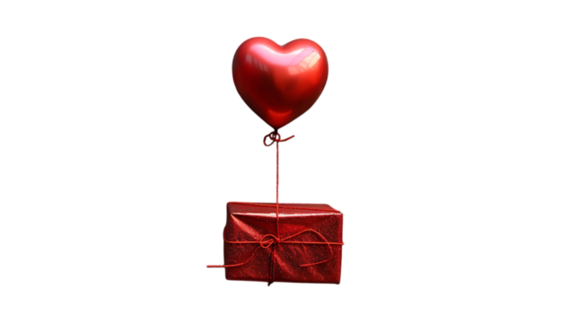 A red heart-shaped balloon floats above a matching red gift box against a white background.