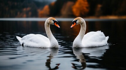 Naklejka premium Two swans swimming in the water