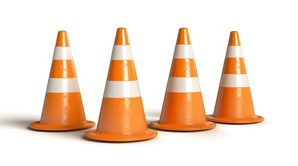Four Orange Traffic Cones on White Background