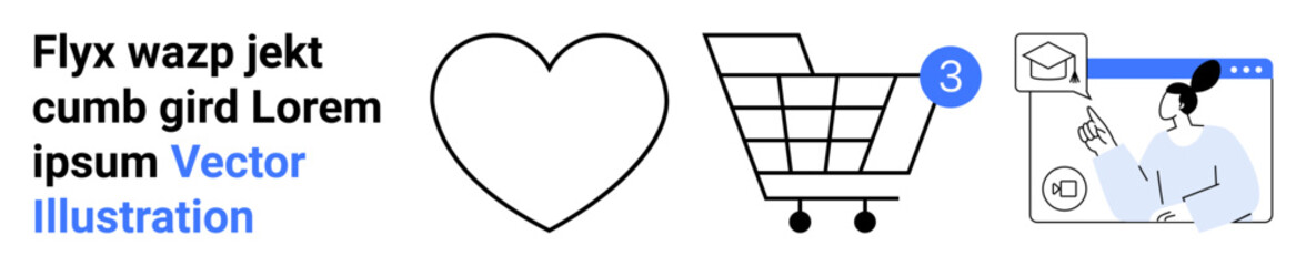 Text block, heart icon, shopping cart with 3 notifications, female customer support agent in chat window. Ideal for e-commerce, customer service, online shopping, notifications, user interface