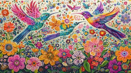 Vibrant Colorful Hummingbirds Among a Lush Floral Landscape with a Variety of Flowers Representing Nature's Beauty and Harmony in a Bright Artistic Style