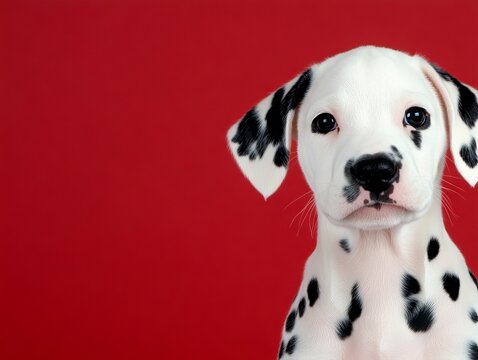 A dalmatian puppy is looking at the camera with a red background