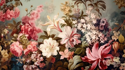 Elegant Vintage Floral Painting Lilies, Roses, and Blossoms