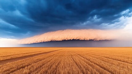 Fototapeta premium Dramatic cloud formation over golden wheat fields at sunset.