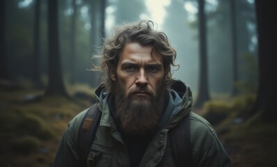 Bearded man in a misty forest