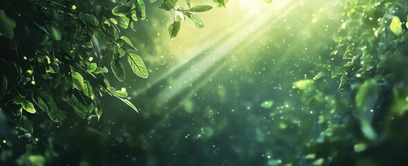 Lush Greenery Illuminated by Soft Sunlight in a Serene Forest Setting, Capturing the Beauty of Nature's Tranquility and Vibrant Life in a Dreamy Atmosphere
