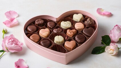 heart-shaped box of chocolates and flowers on light stone background, Valentine's Day concept 