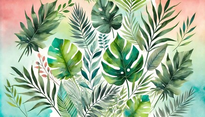 A trendy watercolor design featuring a mix of tropical leaves in vibrant greens and subtle pastel backgrounds, perfect for summer-themed marketing, social media content, and lifestyle blogs.