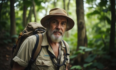 Elderly man exploring a lush forest