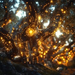 Luminous Biomechanical Tree in Enchanted Ethereal Forest Landscape