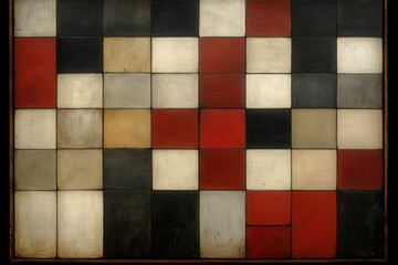 An abstract artwork featuring a grid of colorful squares in shades of red, black, beige, and cream, evoking a sense of modernity and structure.
